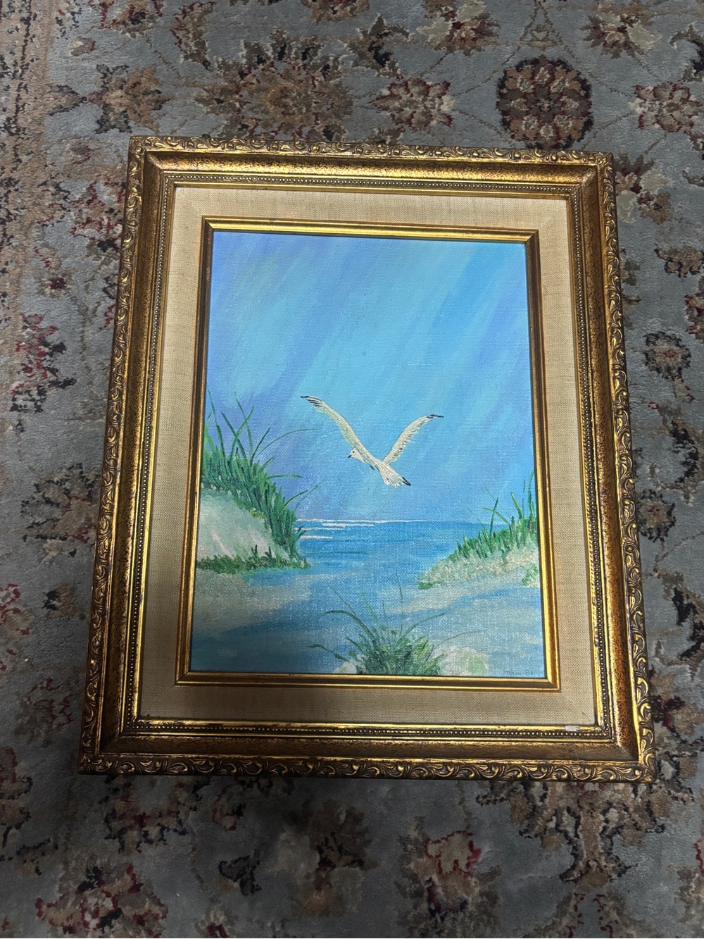 Vintage Nautical Seaside Seagull Beach Painting Framed Art